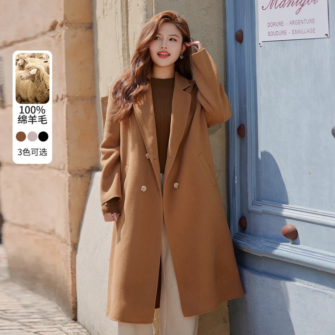 【100绵羊毛】纤莉秀大码女装胖mm老钱风秋冬双面毛呢外套QI4643