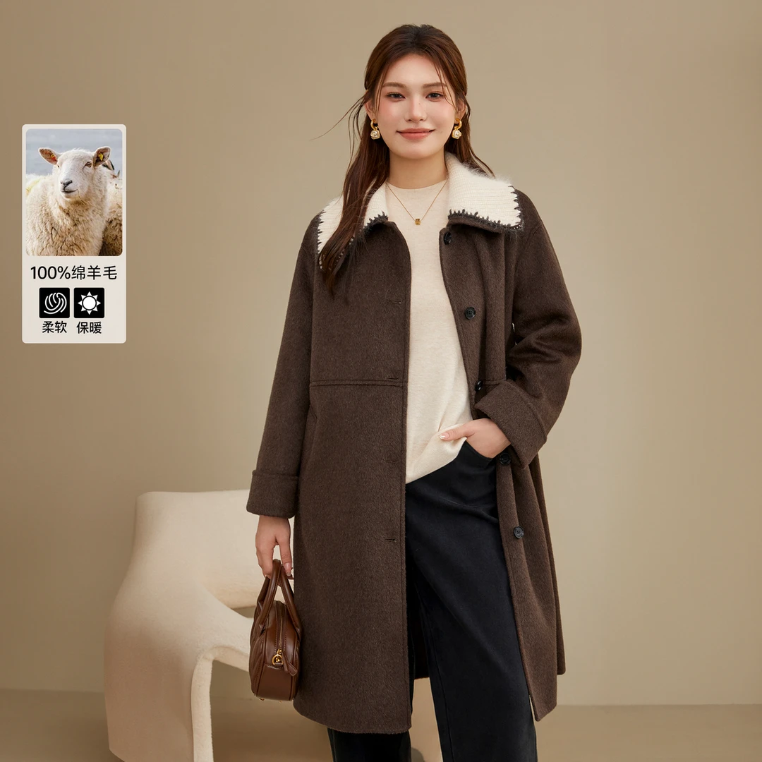 【100绵羊毛双面呢】纤莉秀大码女装复古休闲减龄毛呢外套QJ2205