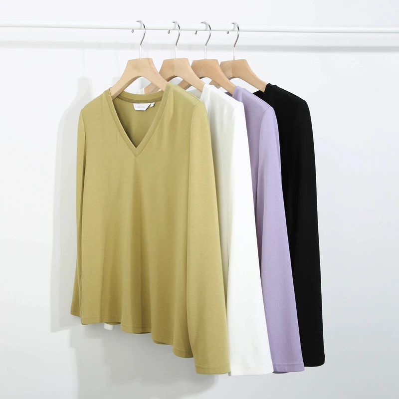 纤莉秀大码女装胖mm百搭休闲简约长袖纯色T恤【短视频】QI4286