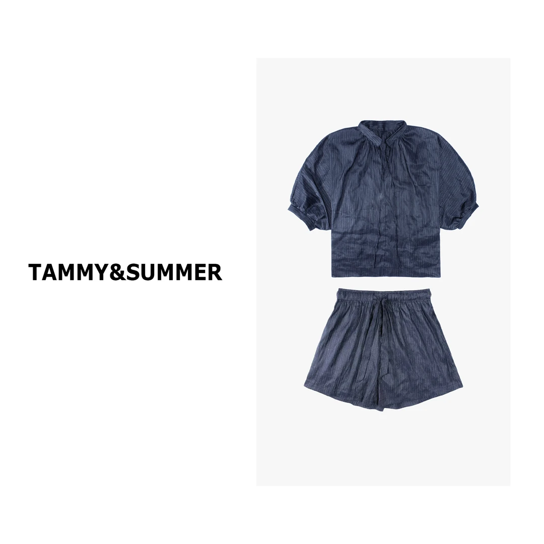 【Tammy&Summer】夏季通勤穿亚麻面料松紧腰条纹短裤上衣套装24775