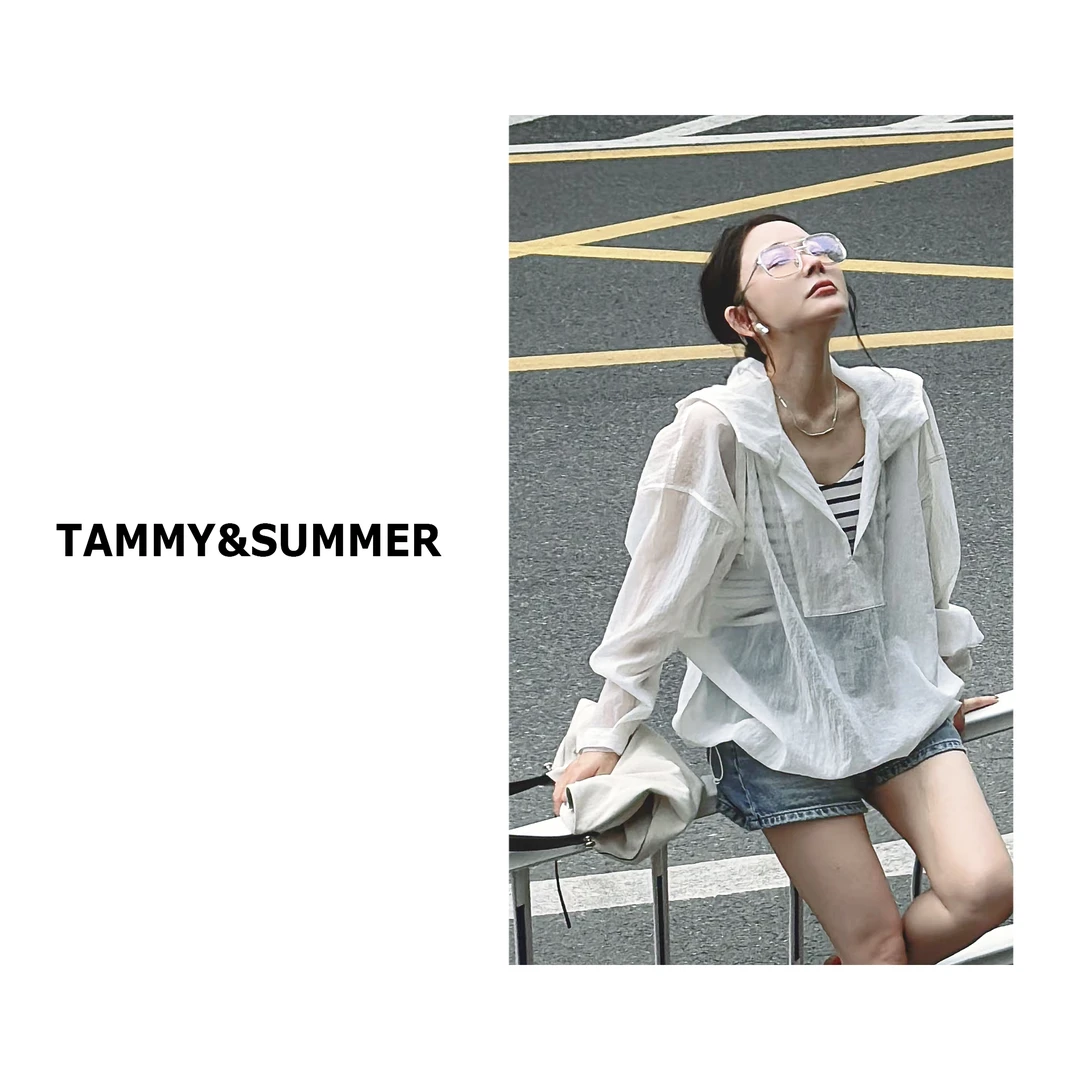 【Tammy&Summer】夏季防晒连帽衬衫外套长袖宽松白色薄款上衣24790