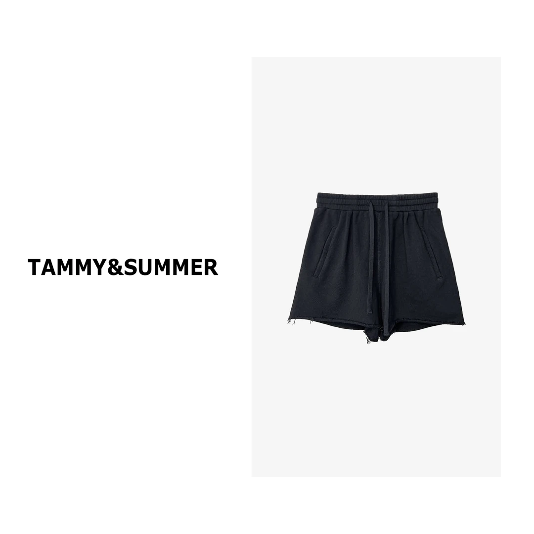 【Tammy&Summer】抽绳毛边黑色高腰百搭抽绳舒适简约短裤Z13304