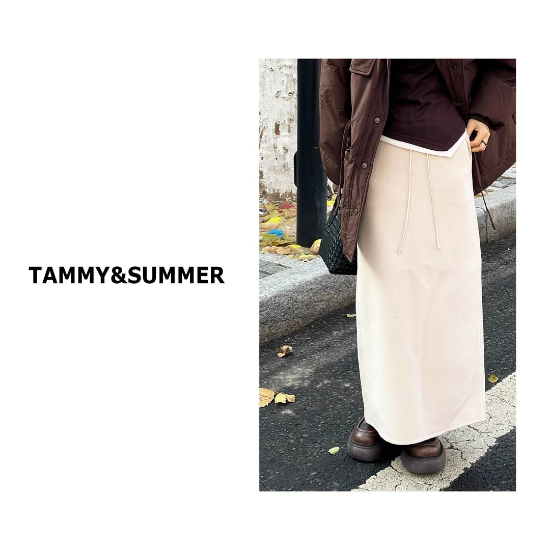 【Tammy&Summer】高腰系带100%羊毛半身裙纯色长款半裙23720
