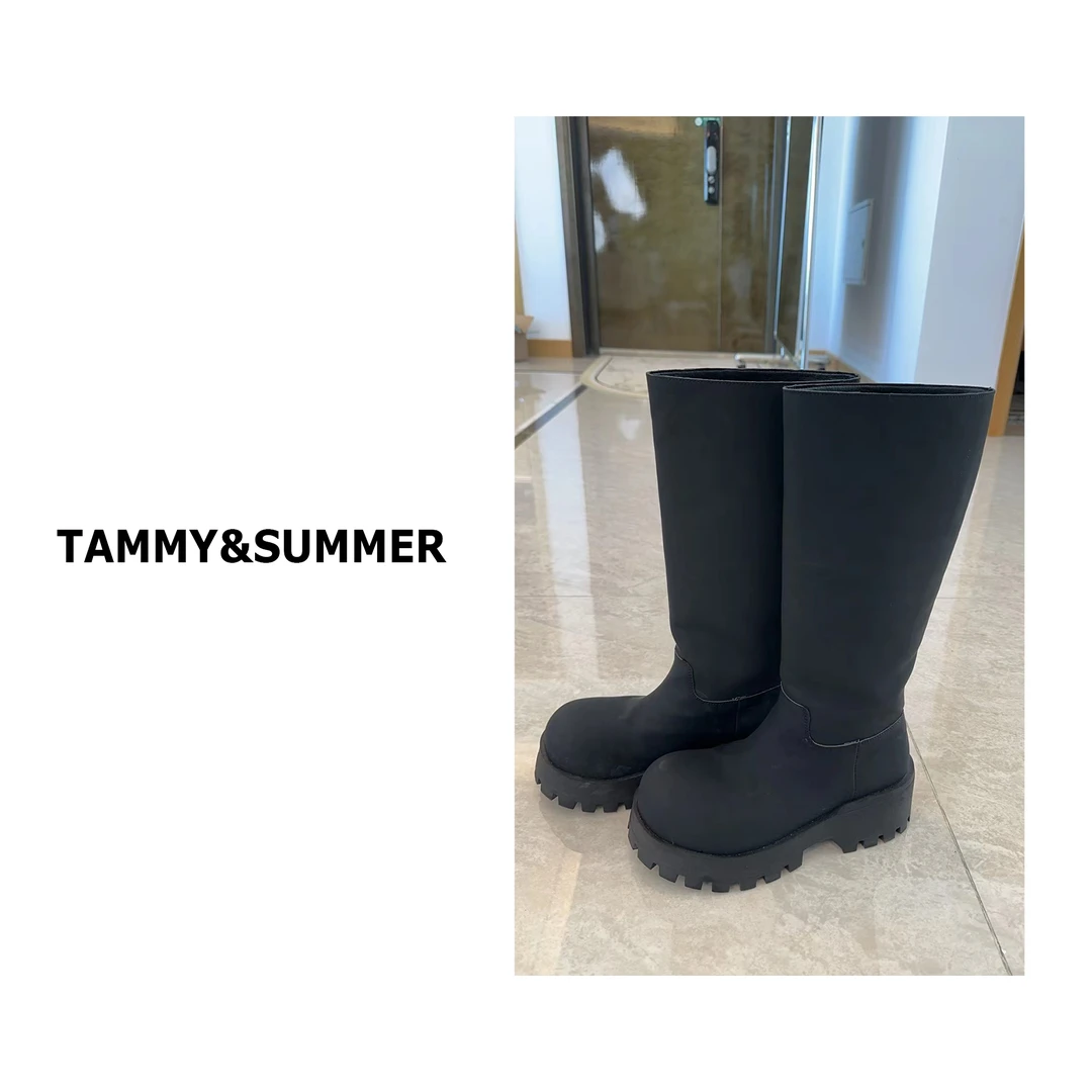 【Tammy&Summer】黑色高筒简约厚底时尚马丁靴圆头长筒骑士靴24906