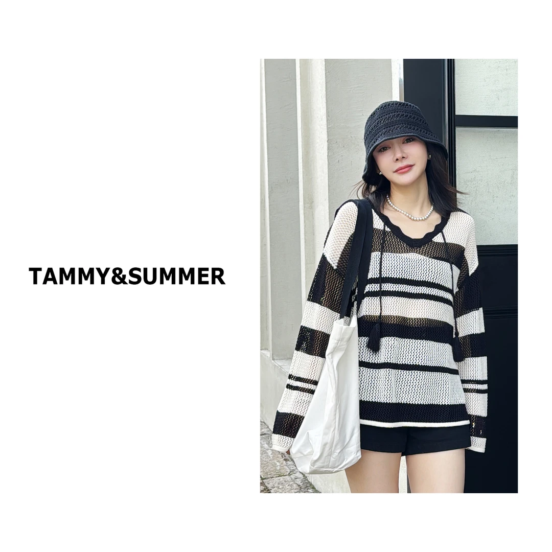 【Tammy&Summer】V领系带黑白条纹长袖针织衫镂空防晒上衣27Z53189