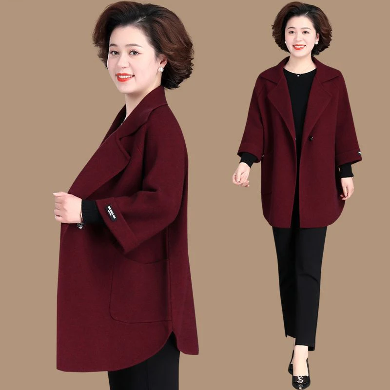 妈妈春装呢子外套2023新款女士风衣气质高贵中老年针织双面呢大衣