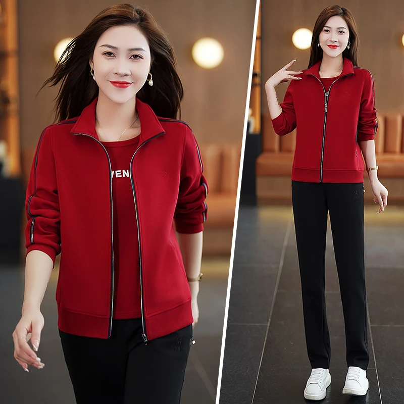 妈妈秋装运动套装女2023新款中老年运动服女春秋季休闲卫衣三件套