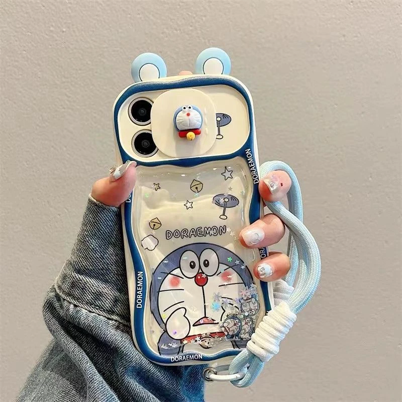 推拉窗叮当猫iPhone15promax手机壳苹果14全包13流沙12带手绳11女