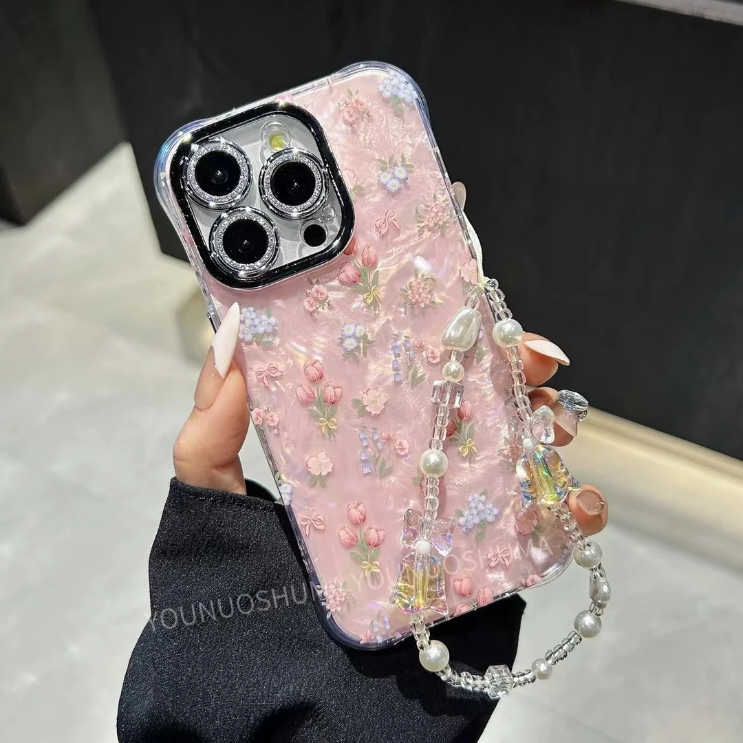 郁金香贝壳纹苹果15promax手机壳新款iPhone14全包镜头膜13带支架