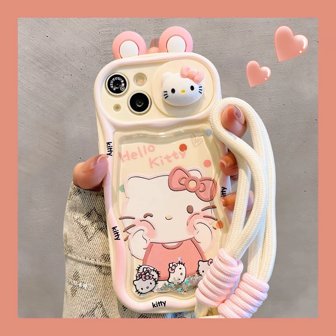 苹果14手机壳iphone15promax立体耳朵KT猫推窗流沙13可爱卡通12女