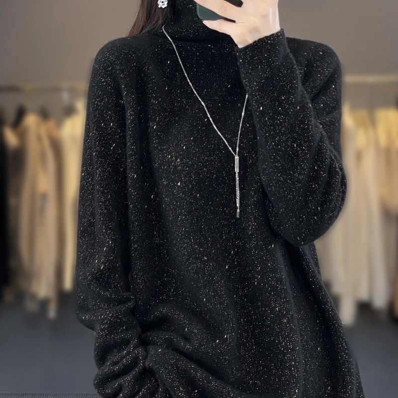 100%羊毛衫女式高领宽松大毛衣秋冬亮丝插肩长袖加厚中长款针织衫