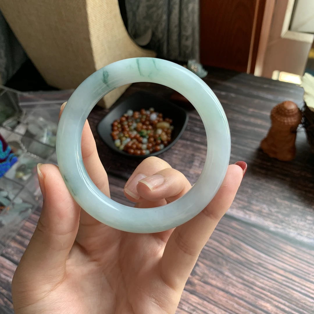 翡翠手镯翡翠冰飘花圆条手镯55-10.8圆条起胶翡翠手镯