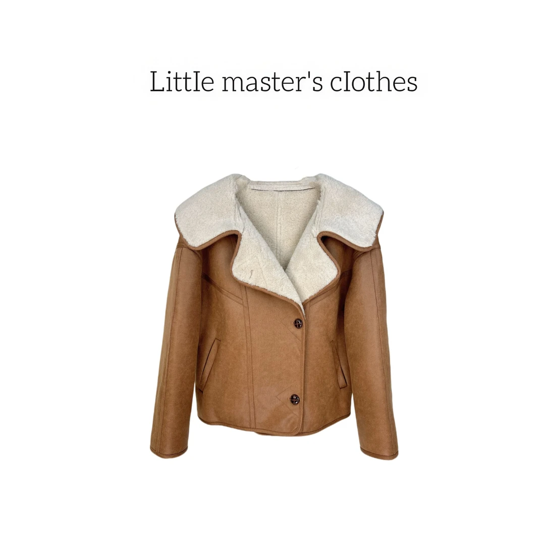 设计师气质休闲毛毛外套时尚百搭轻奢翻领秋冬皮毛一体冬季厚款