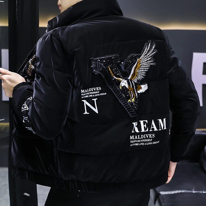冬季新款男士亮面刺绣老鹰棉衣休闲潮流百搭帅气加厚保暖棉服外套