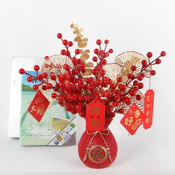 新中式摆件发发果红果假花仿真花摆设客厅高档年宵花摆件