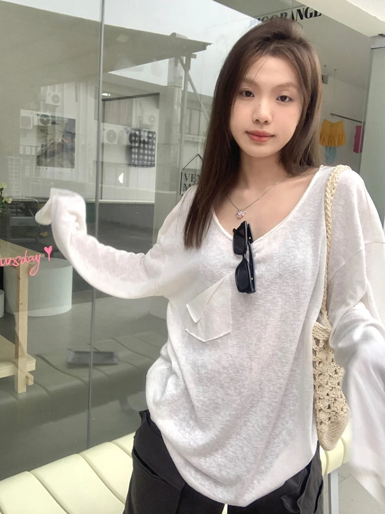 白色薄款长袖T恤女春夏新款慵懒风宽松防晒罩衫休闲百搭上衣