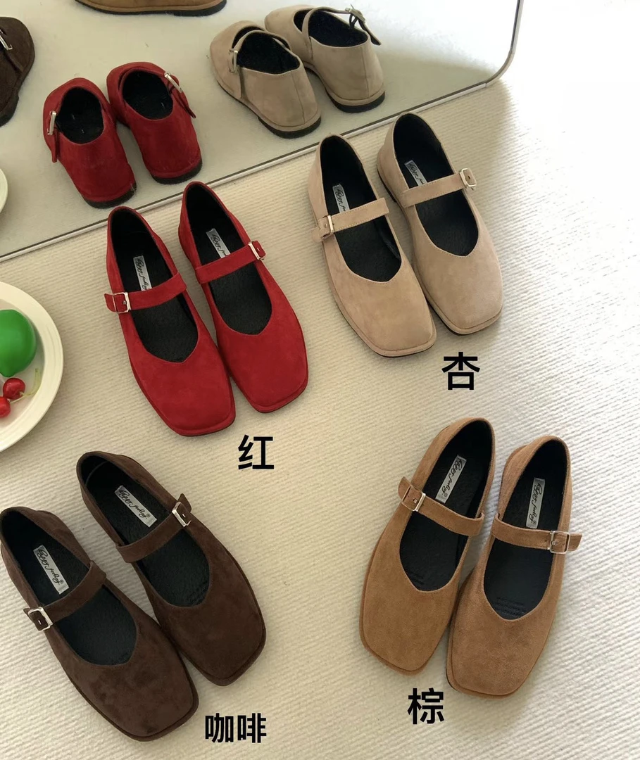 H 134-1 韩版百搭温柔风晚晚鞋一脚蹬扣带方头玛丽珍小皮鞋女绒面