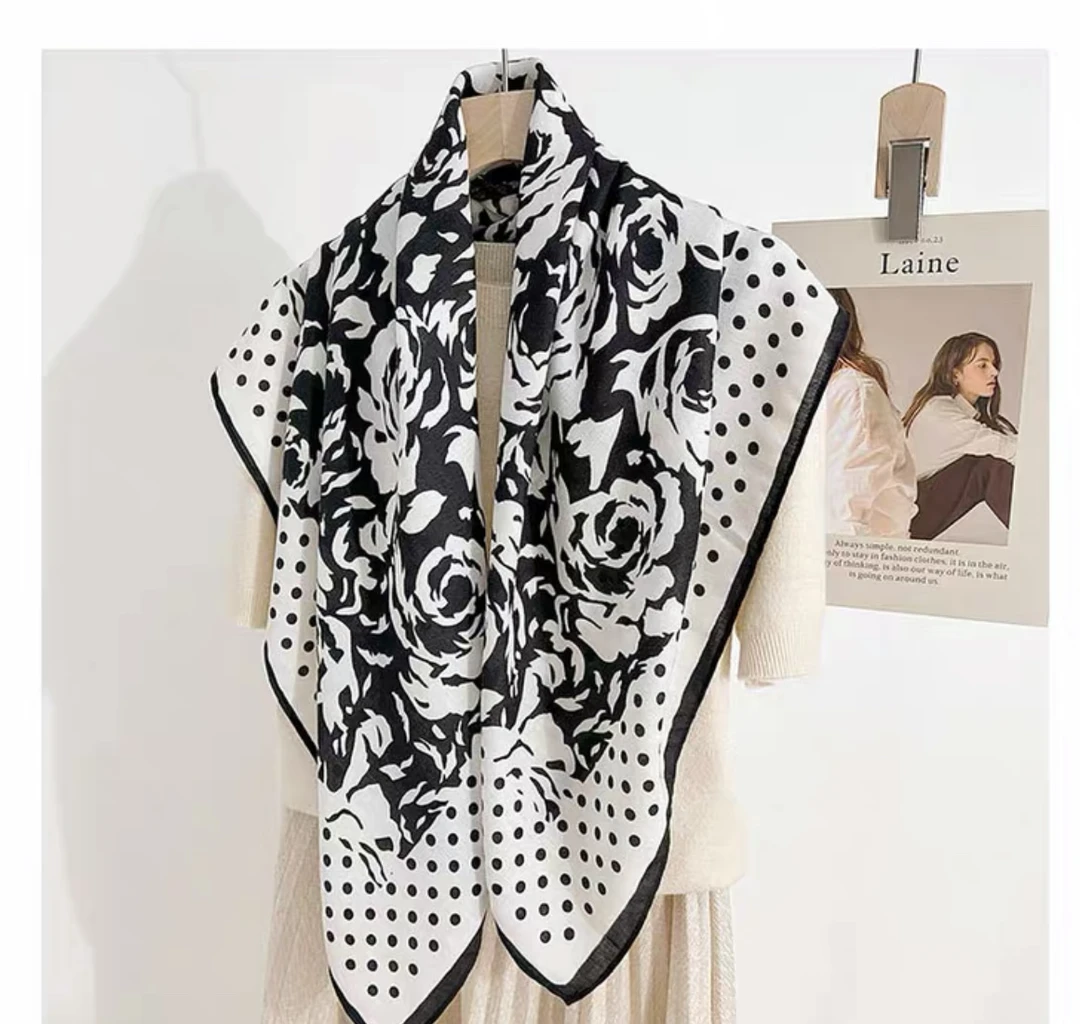 韩版90*90黑白波点山茶花方巾围巾百搭保暖秋冬护颈围巾时尚气质
