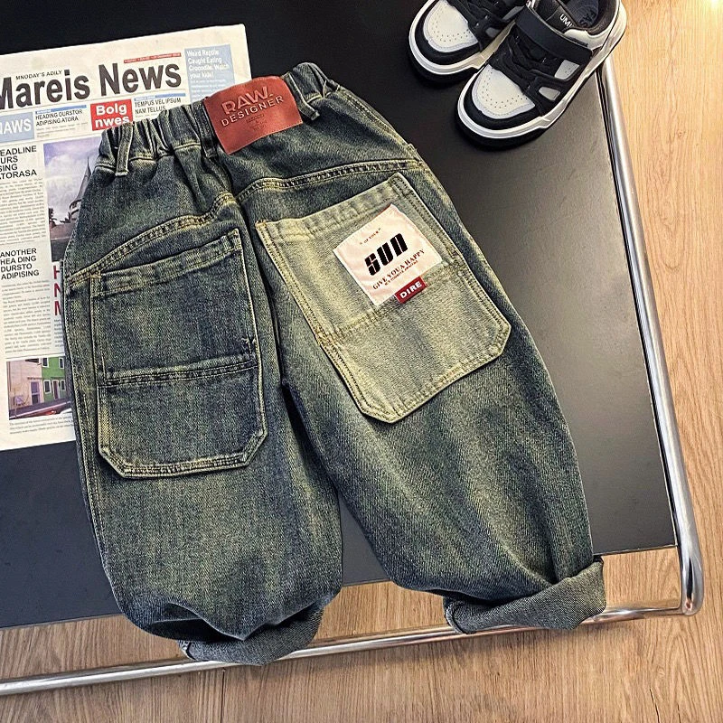 童装裤子男童复古2023秋季新款休闲简约贴标设计款洋气牛仔裤男童