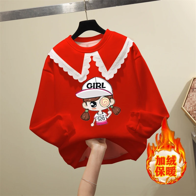 女童娃娃领加绒卫衣冬季厚款2023新款女大童网红上衣宽松保暖外套