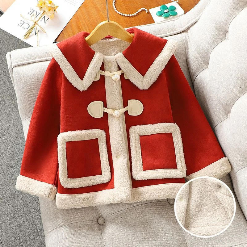 女童外套冬装2023新款儿童装冬季加绒红色女大童羊羔毛绒加厚衣服