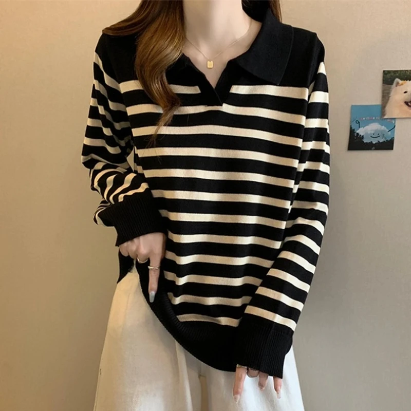大码遮肚子POLO领条纹针织衫女春秋新款胖MM宽松显瘦百搭打底上衣