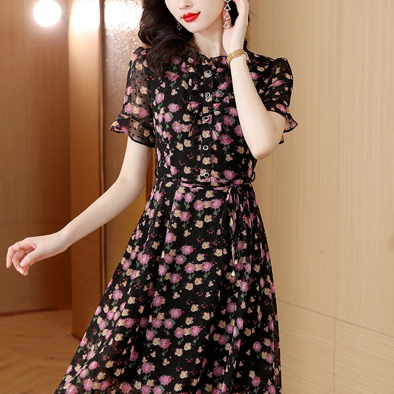 法式短袖连衣裙新款洋气减龄显瘦气质收腰T1062