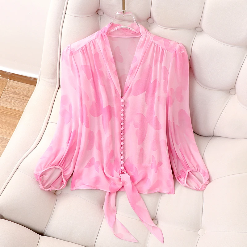 显白抬肤色粉色防晒小衫女凉爽透气美仙气质V领上衣夏T0191