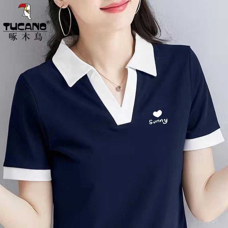 啄木鸟短袖t恤女2023年新款夏季潮ins时尚休闲翻领polo衫气搭上衣