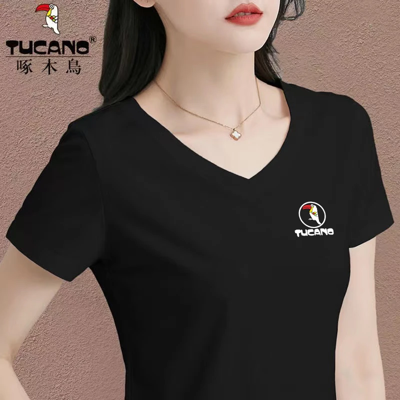 啄木鸟官方短袖V领t恤女夏季2024新款修身显瘦打底衫内搭时尚上衣