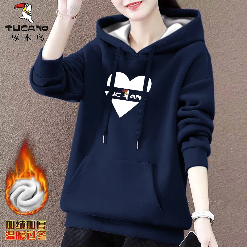 加绒 啄木鸟官方正品百搭休闲2023秋冬套头连帽卫衣宽松印花女装