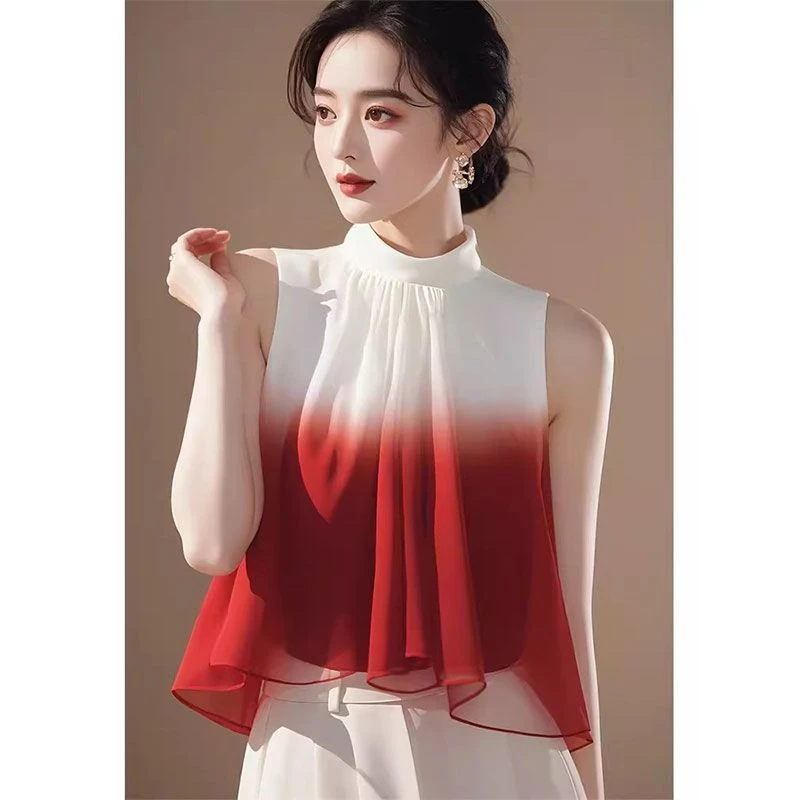 今年流行独特漂亮渐变衬衫女轻熟法式小众无袖仙气飘飘雪纺上衣夏