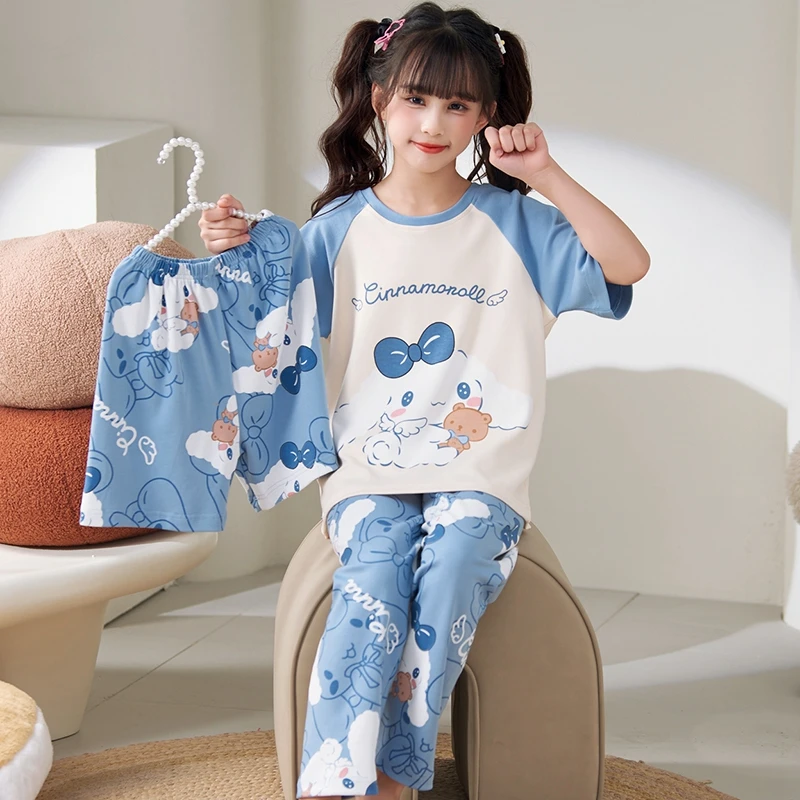 儿童睡衣春夏薄款女童纯棉短袖长裤12岁女孩公主夏季三件套家居服