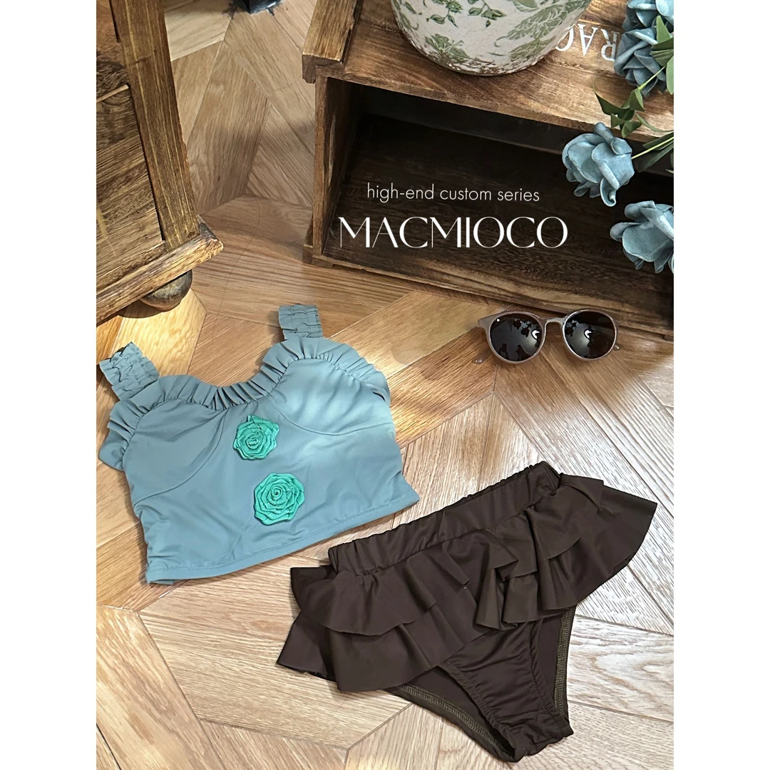 【青绿】MACMIOCO | 夏季女童韩版宝宝洋气复古分体套装泳衣18846