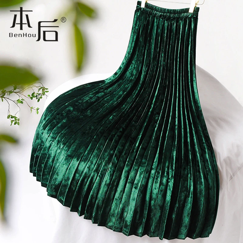 29827 加厚钻石金丝绒半身裙秋冬女中长款光泽感a字裙风琴百褶裙