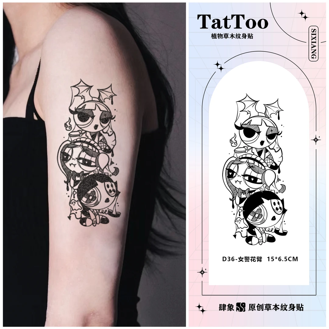 阿欣草本纹身贴画卡通甜酷女款花臂飞天小女警显色防水防搓不反光