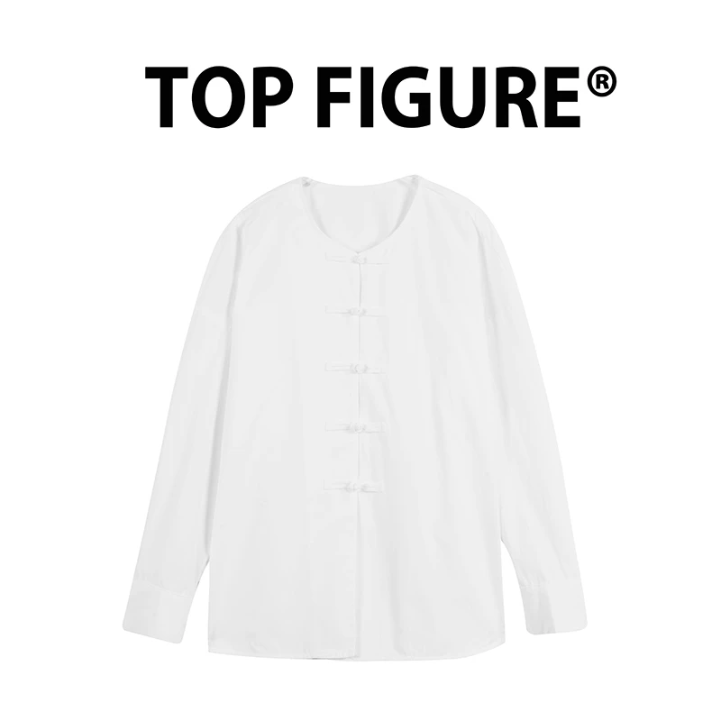 春季新款新中式盘扣衬衫女高个子穿搭圆领宽松纯色百搭长袖女衬衣