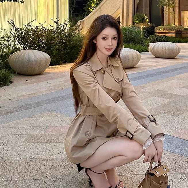 轻奢潮牌款【苏黎世日记】老钱风翻领排扣风衣收腰显瘦长袖外套女