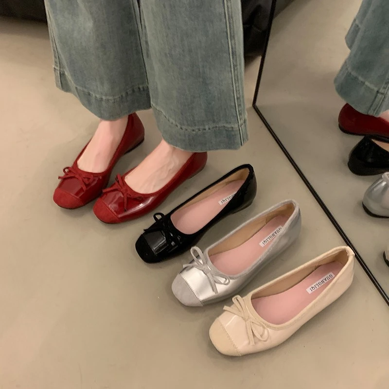 日本方头浅口单鞋女2024年夏季新款法式晚风红色蝴蝶结浅口软底豆