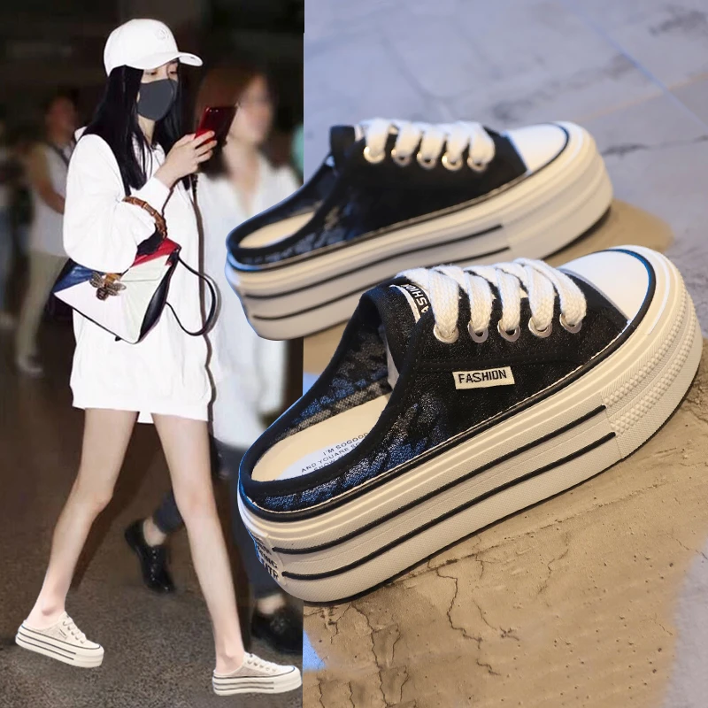 日本DB网红包头半拖鞋女外穿2023新款厚底帆布百搭透气网面夏日懒