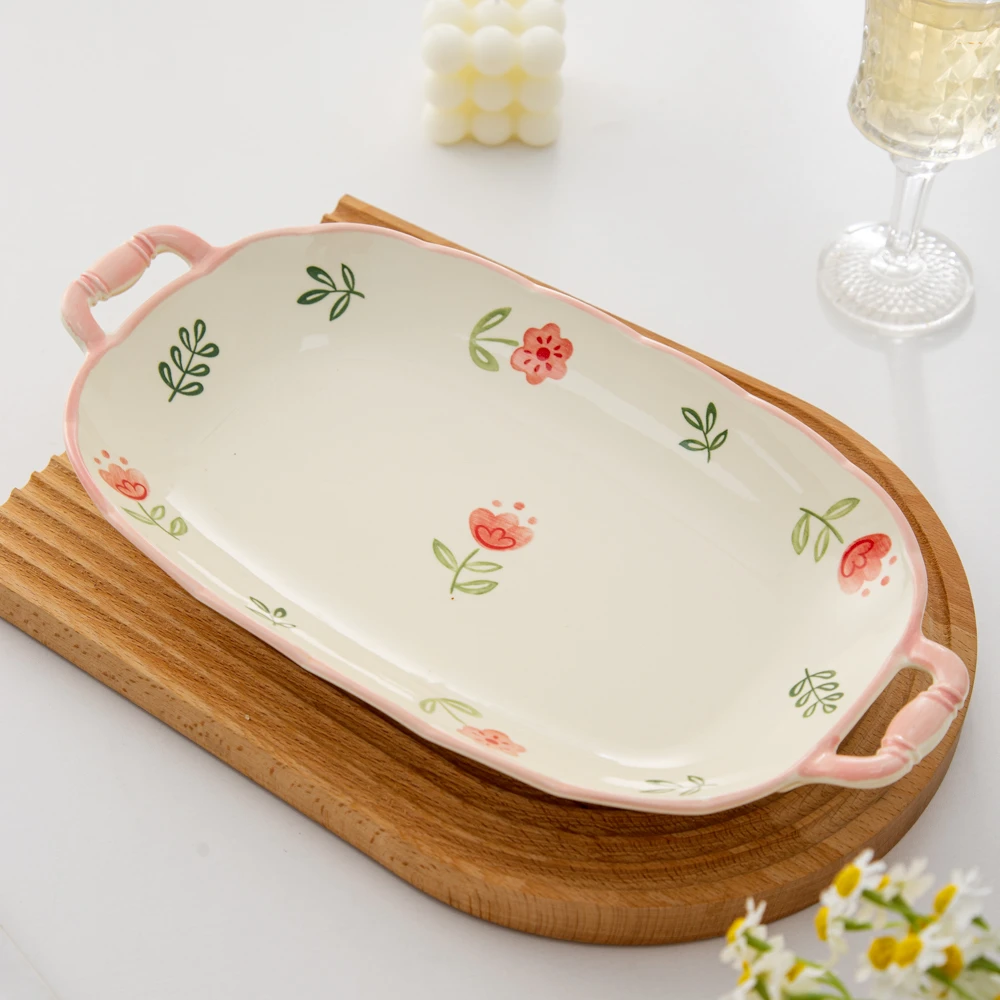 四季花系列小清新高颜值家用陶瓷餐具13英寸竹柄双耳鱼盘大盘