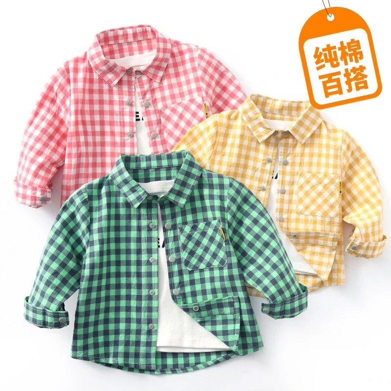 宝宝衬衫男宝纯棉长袖薄款儿童格子上衣春季女婴儿男童衬衣春秋款