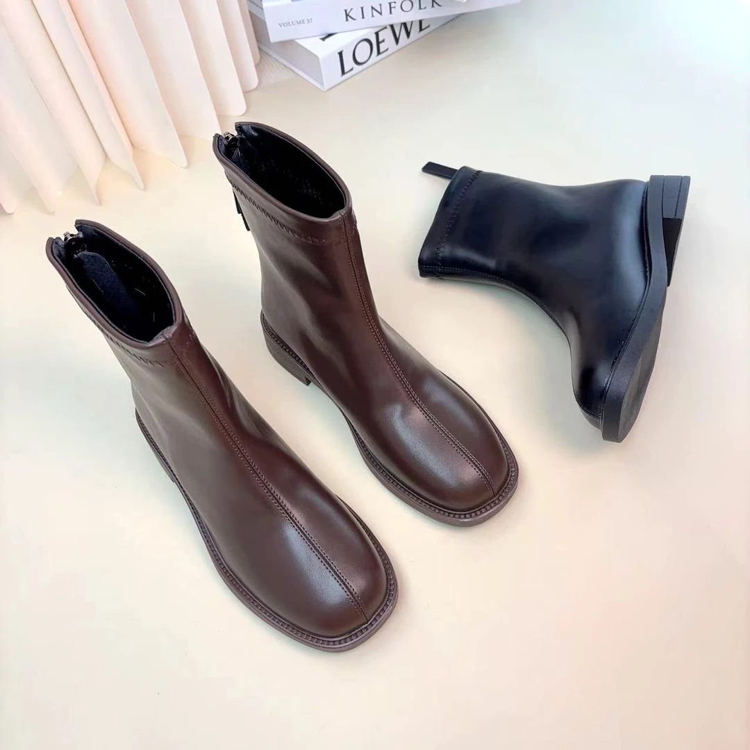 新款英伦风马丁靴2025秋冬平底瘦瘦靴韩版百搭方头短筒靴539