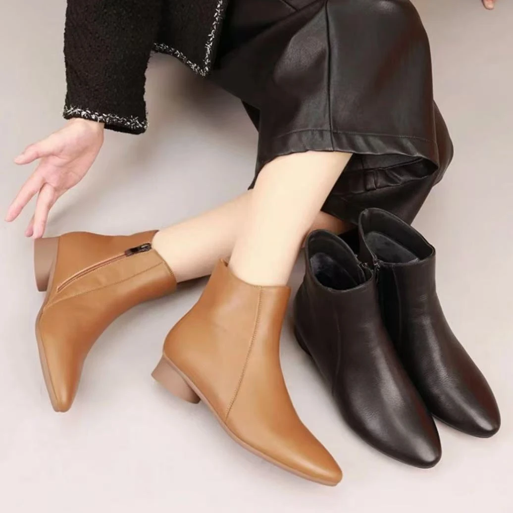 【朵苮品牌】加绒保暖短靴时尚百搭软底女士皮靴低跟过冬短筒靴6899