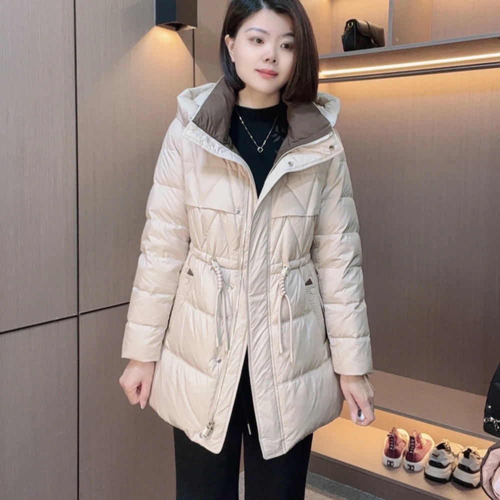 炫女人女装冬季显瘦时尚减龄外套轻薄白鸭绒连帽保暖羽绒服2324