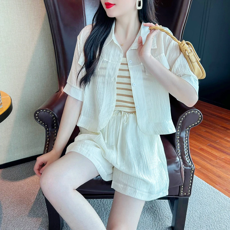 2024夏季新款时尚防晒衫衬衫短裤洋气小个子休闲套装女时髦三件套