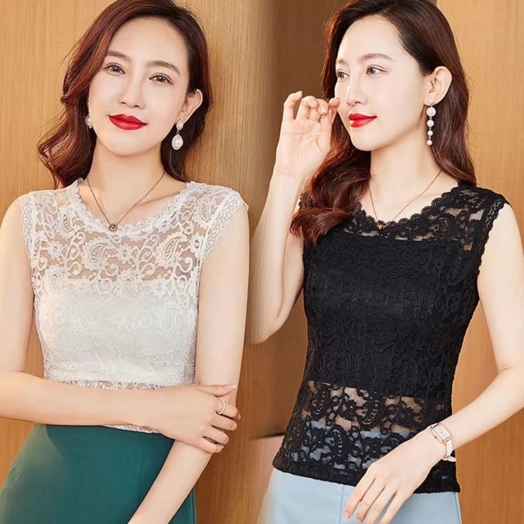 新款高档低领蕾丝假领子夏季性感网纱背心修身显瘦时尚气质百搭