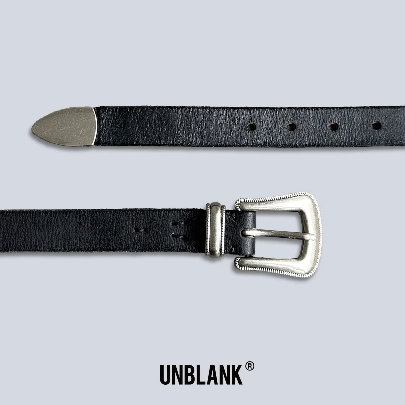 Unblank 做旧毛边头层牛皮cleanfit镀银扣箭头皮带男士真皮腰带