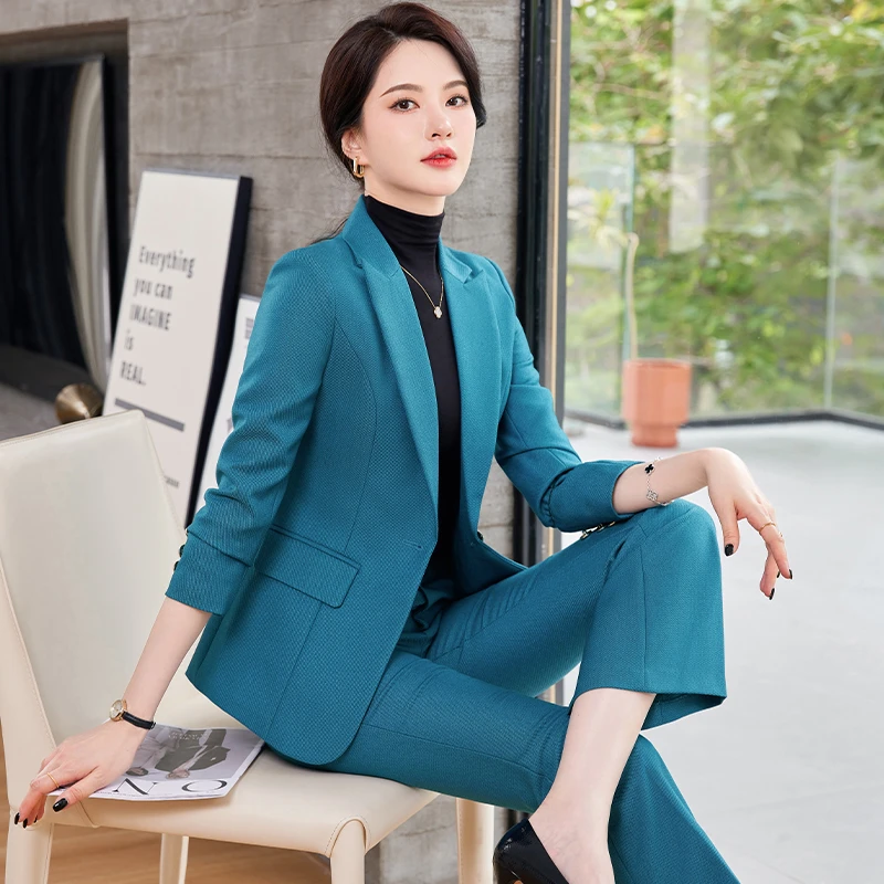 蓝色秋冬高端西装套装女微喇叭裤长袖小西服外套职业正装职场工装