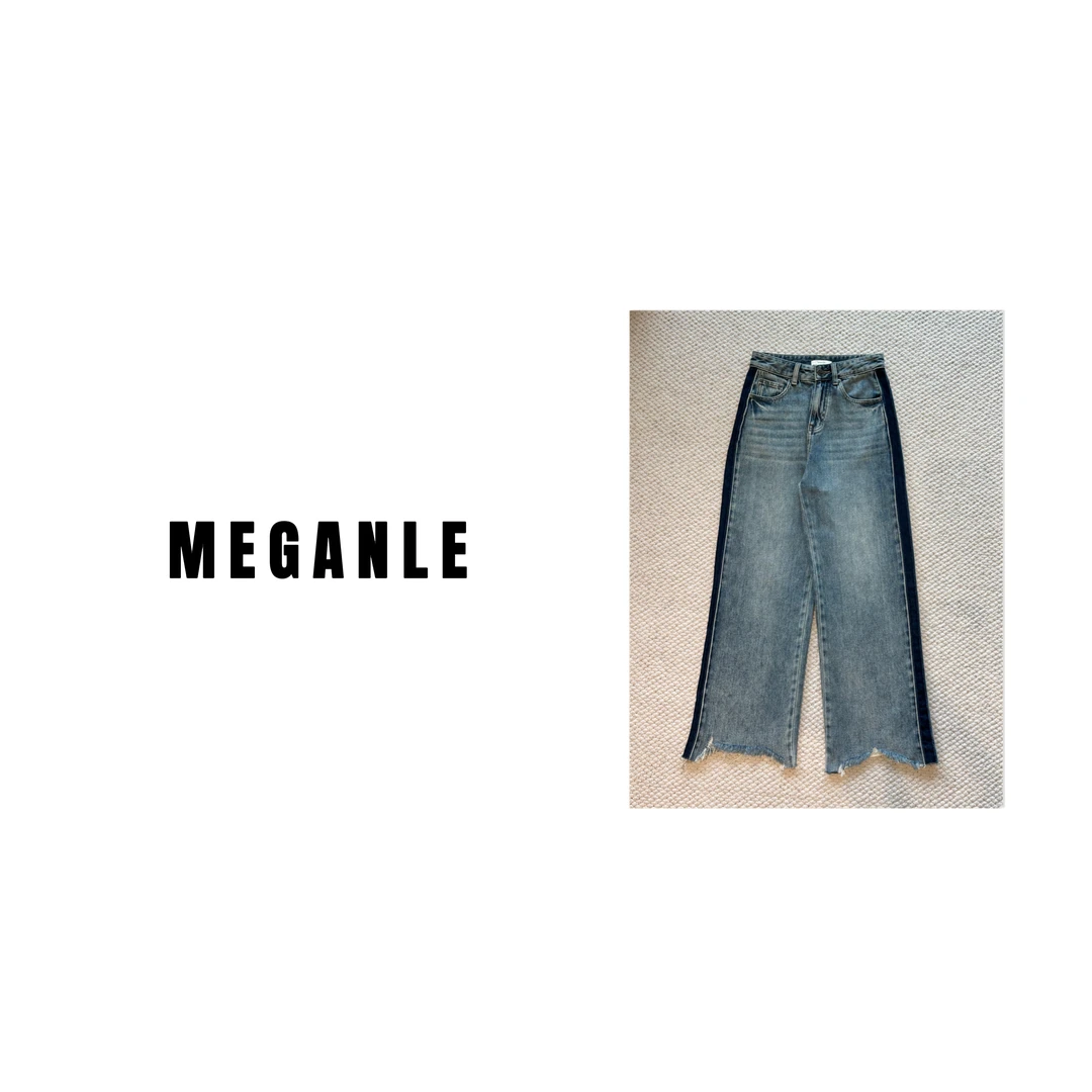 【MEGANLE】605 潮流复古不规则毛边设计宽松直筒牛仔裤2023226